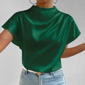 Green Party Women's Mock Neck Batwing Sleeve Satin Blouse